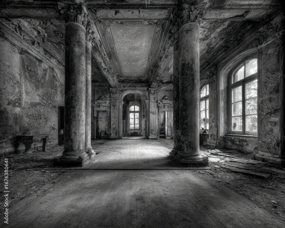 Fototapeta premium Abandoned Grand Hall Interior Grayscale