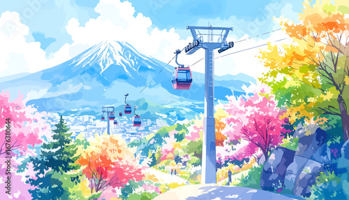 Scenic Cable Cars Ascending Towards Majestic Mount Fuji Amidst Vibrant Autumn Foliage.