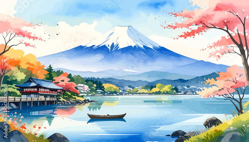Mount Fuji in Spring - A Watercolor Cherry Blossom Landscape.