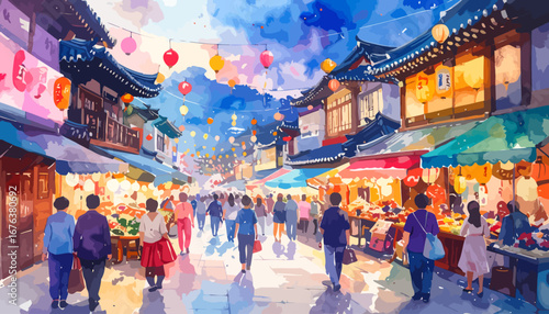 Vibrant street market scene with people and shops.