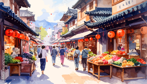 A bustling street market scene with people shopping and traditional Chinese architecture.