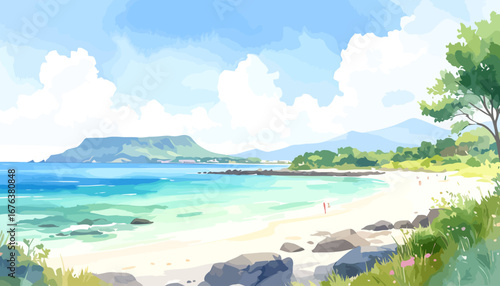 Picturesque Beach Landscape with Calm Waters and Lush Greenery.