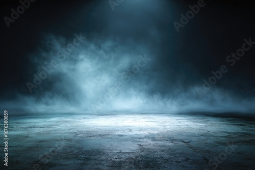 Dark, smoky stage with spotlight on concrete floor