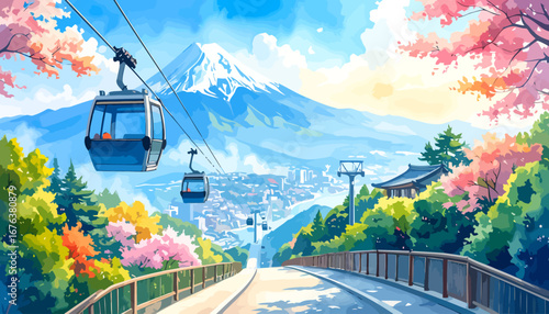 Two cable cars ascending a scenic mountain path with Mount Fuji in the background.