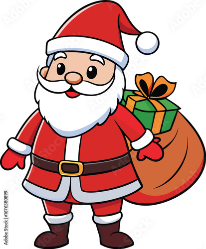 Cartoon Santa Claus in his red suit carrying a sack of gifts with a present on his back Christmas holiday EPS vector file download