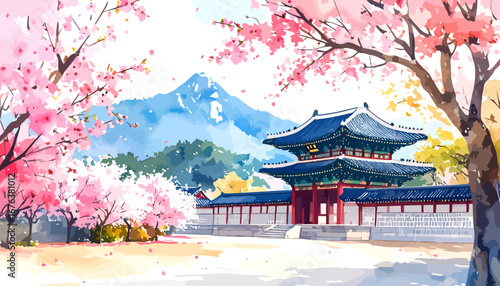 Wallpaper Mural Korean Traditional Building with Cherry Blossoms and Mountain View. Torontodigital.ca