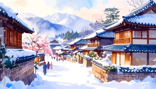 Snowy Korean Village Watercolor Painting.