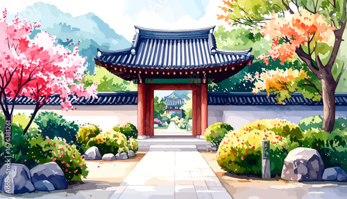 Traditional Korean Gate with Blooming Cherry Blossoms and Lush Garden.