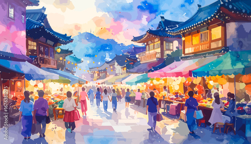 Vibrant Market Scene with People and Traditional Architecture.