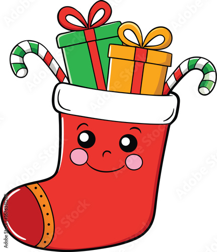 Cute cartoon Christmas stocking filled with presents and candy canes with a smiling face Santa holiday EPS vector file download