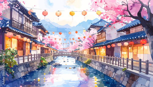 Traditional Japanese townscape with river, cherry blossoms, and lanterns.
