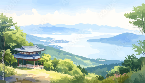 Gazebo Hilltop Overlooking Serene Mountain and Water View.