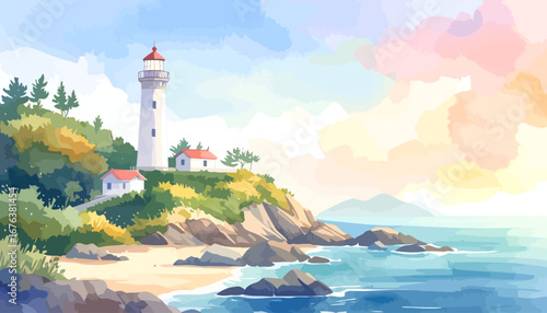 Coastal Lighthouse and Houses on a Cliffside.