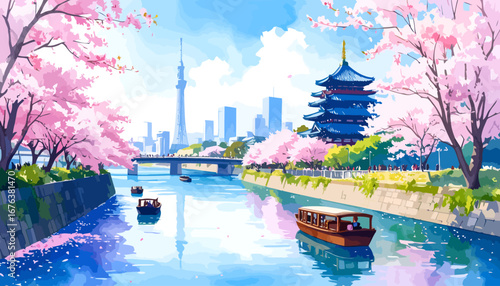 Traditional Japanese boats sailing on a serene canal surrounded by blooming cherry blossom trees.