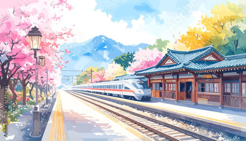 Train station with cherry blossoms and mountain view.