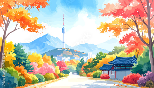 Autumnal Korean Cityscape with Traditional Architecture.