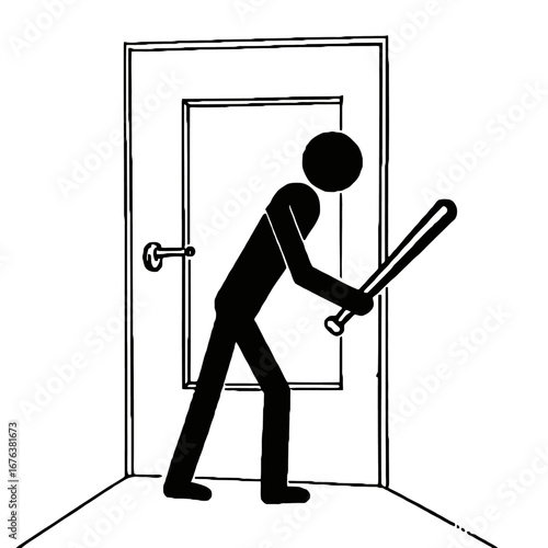 Vector art of man with baseball bat sneaking through a door