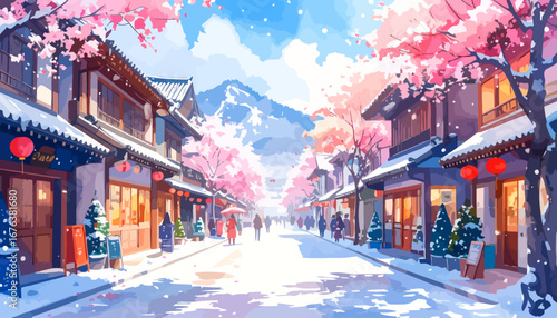 A stunning Japanese street scene with cherry blossom trees and people.