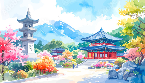 Two Vibrant East Asian Pagodas Amidst Blossoming Trees.