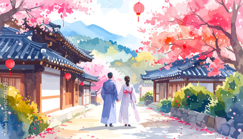 Romantic couple strolls in traditional attire, sharing a moment.