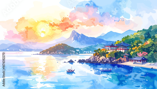 Serene Coastal Village with a Boat on Calm Waters.