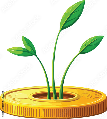 Golden Coin with Green Sprouts Growing Upwards Symbolizing Financial Growth and Investment money currency EPS vector file download
