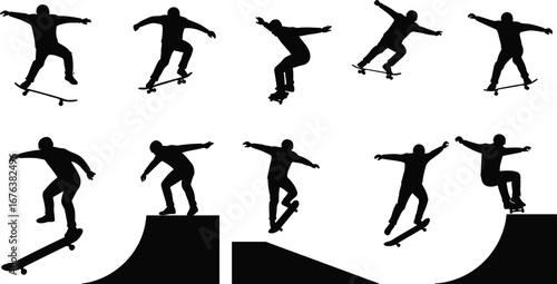 Skateboarding Silhouettes Collection, Stunt Tricks, Jumping, Ramp Riding, Action Sports, Skateboarder Movement, Extreme Sport, Dynamic Skateboarding Images