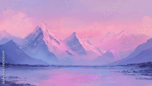 Pastel mountain range reflecting in a still lake at dawn
