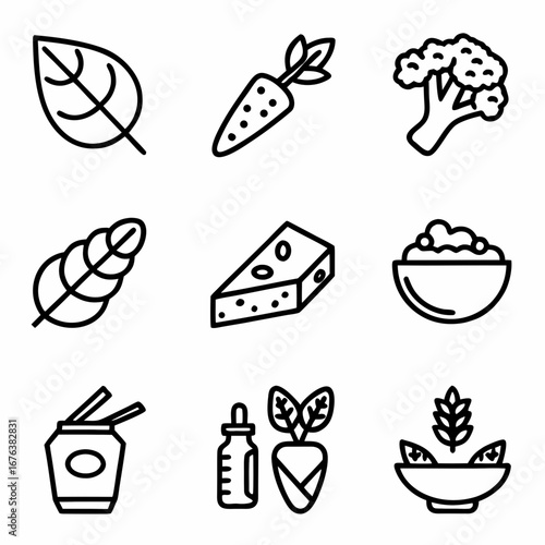 Healthy food icons vector set nutrition vegetables fruits cheese and supplements for diet and wellness plan