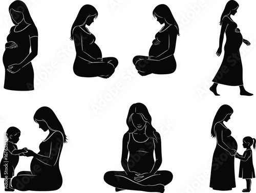Pregnant woman silhouette, maternity yoga pose, prenatal care, expecting mother with child, motherhood vector illustration, family love, pregnancy lifestyle design
