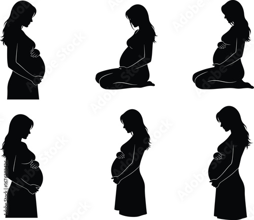 Pregnant woman silhouette vector, side view maternity poses, expecting mother illustration, peaceful pregnancy concept, prenatal care, motherhood lifestyle design