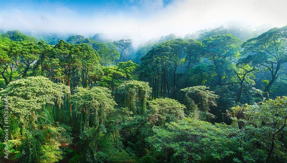 Fototapeta premium lush green forest a vibrant illustration of a lush forest canopy featuring a multitude of trees in varying shades of green blue and white creating a sense of depth and tranquility
