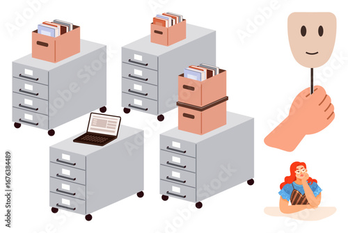 File cabinets holding documents in boxes, open laptop, hand holding a smiling mask, and stressed woman eating chocolates. Ideal for office work, organization, emotions, stress, multitasking mental