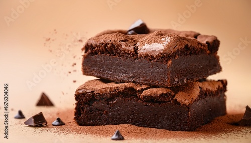 rich creamy chocolate brownies with chunks and a dusting of cocoa powder on a beige background