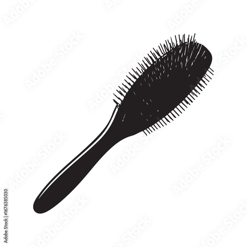 Black Silhouette of Hairbrush with Handle on White Background