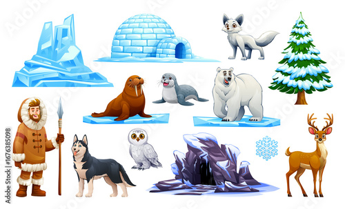 Fotografía Collection of arctic animals, iceberg, snowy pine tree, and eskimo man