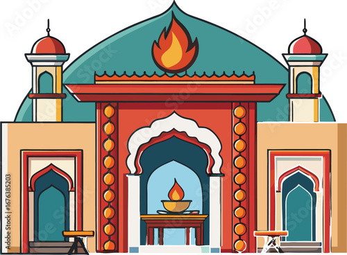 Traditional Indian Temple Altar with Flame and Arches Illustration religious worship EPS vector file download