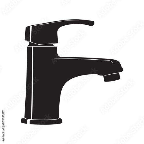 Black Silhouette of Modern Single Handle Bathroom Faucet on White