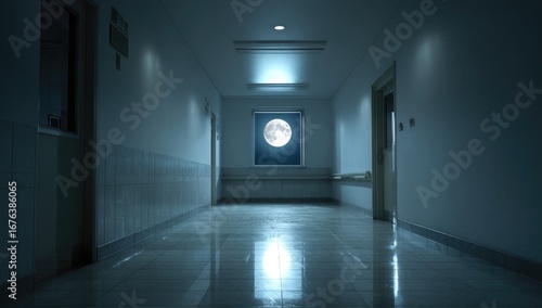 Empty hospital corridor at night, full moon in window