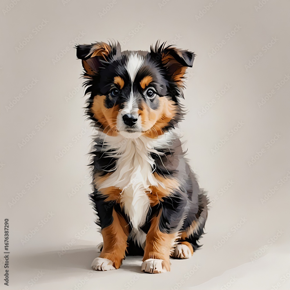 Fototapeta premium シェルティの子犬が座ってこちらを見つめるイラスト