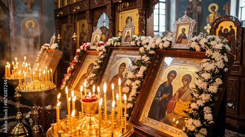 Wallpaper Mural Sacred Icons with Candles in Orthodox Church for Autumnal Equinox Celebration, Spiritual Reflection, Religious Observance, Cultural Tradition, and Community Events   Torontodigital.ca