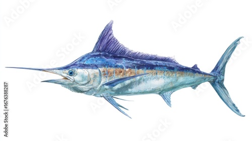 Watercolor illustration of a marlin