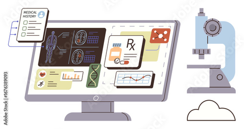 Computer screen displaying medical history, test results, anatomy scans, DNA strand, and charts. Microscope symbolizes research. Ideal for healthcare, diagnostics, medical research technology