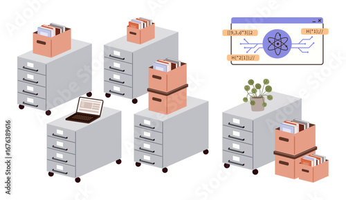 Mobile file cabinets with stacked document boxes, a laptop, a plant, and a digital data visualization. Ideal for data management, organization, productivity, analysis, archiving tech themes simple