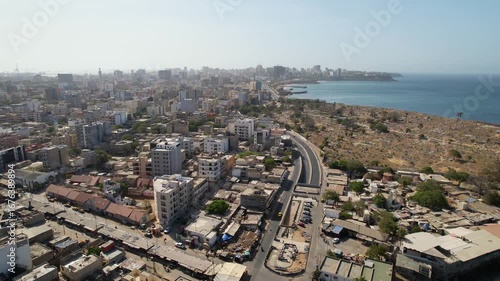 SENEGAL - 7.14.2025 - Excellent aerial footage following a coastal highway in Dakar, Senegal.