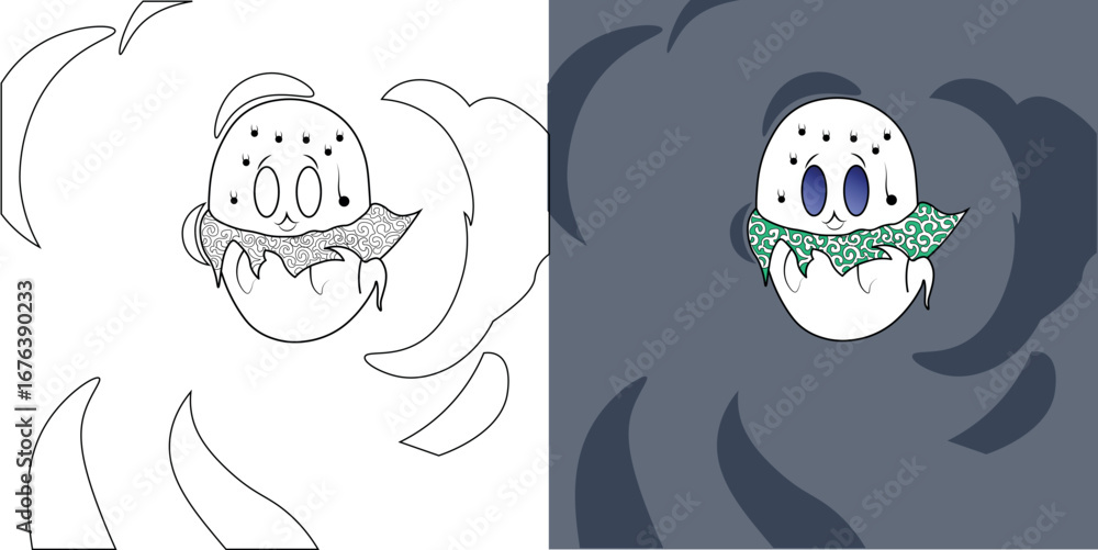Obraz premium Creative Illustration of a Cute Ghost with a Patterned Scarf and Blue Eyes