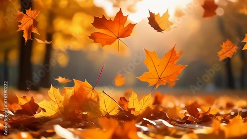 公園でたくさんの秋の紅葉のカエデがゆっくりと散って落ちる