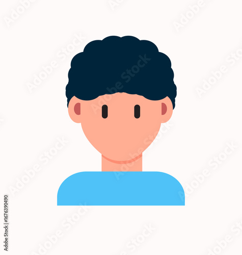Flat vector avatar of a young man with curly dark hair and blue shirt, minimalist cartoon style, isolated on white background for profile, user interface, or social media icon