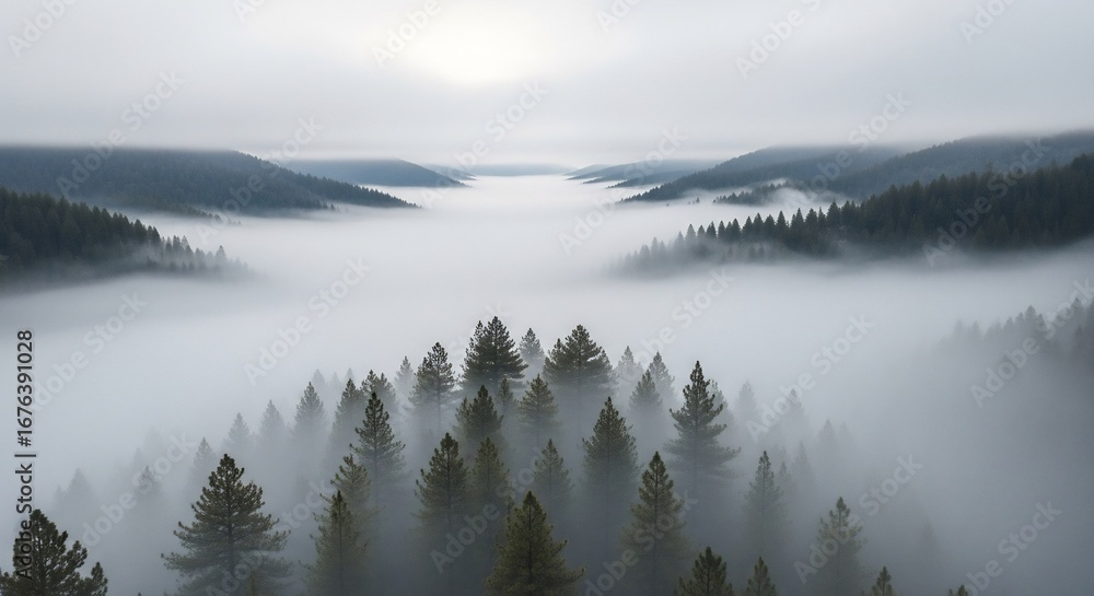 Fototapeta premium Aerial View of Forested Hills Engulfed in Dense Fog.