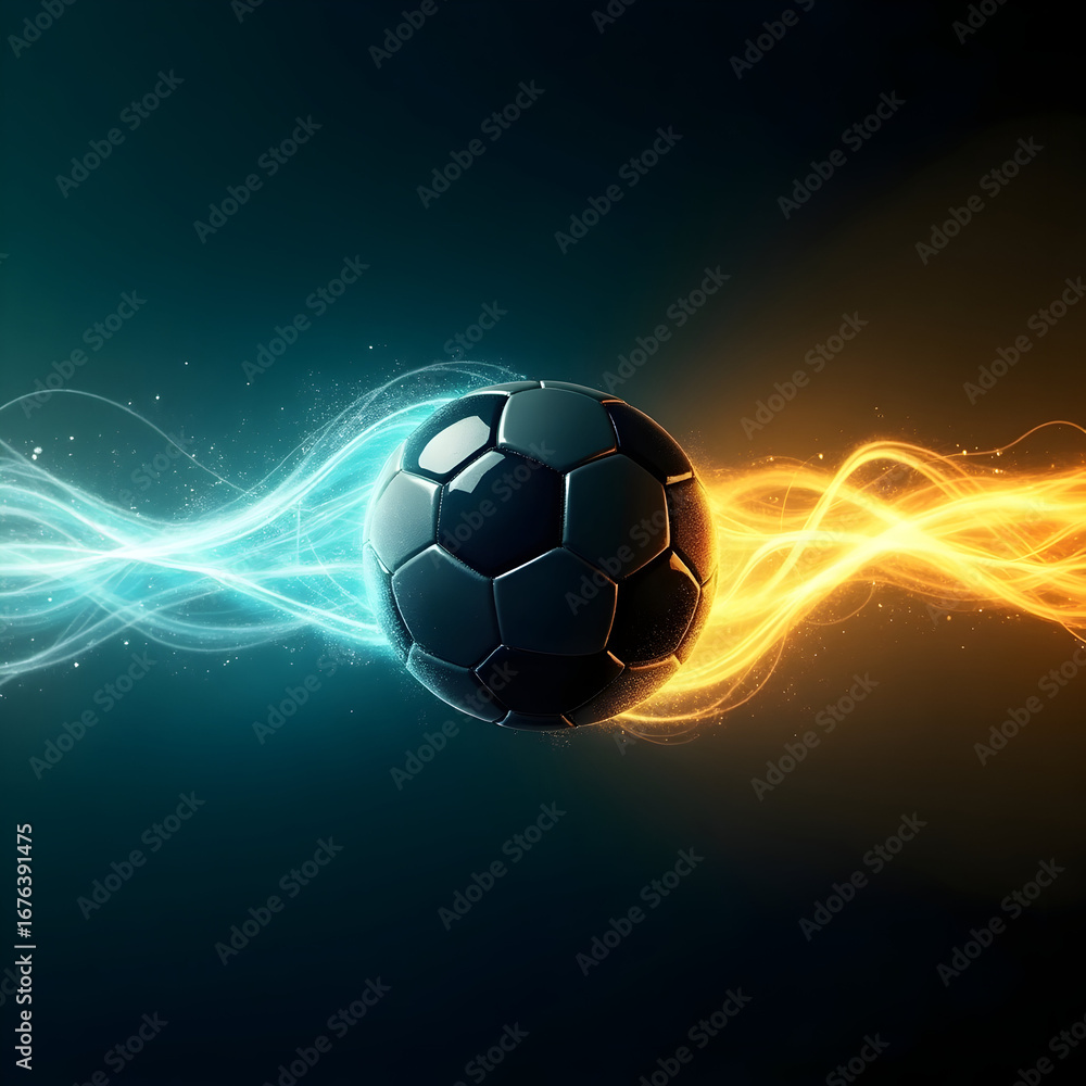 Fototapeta premium Soccer Ball with Glowing Energy Streams in Teal and Orange on Dark Background football sport